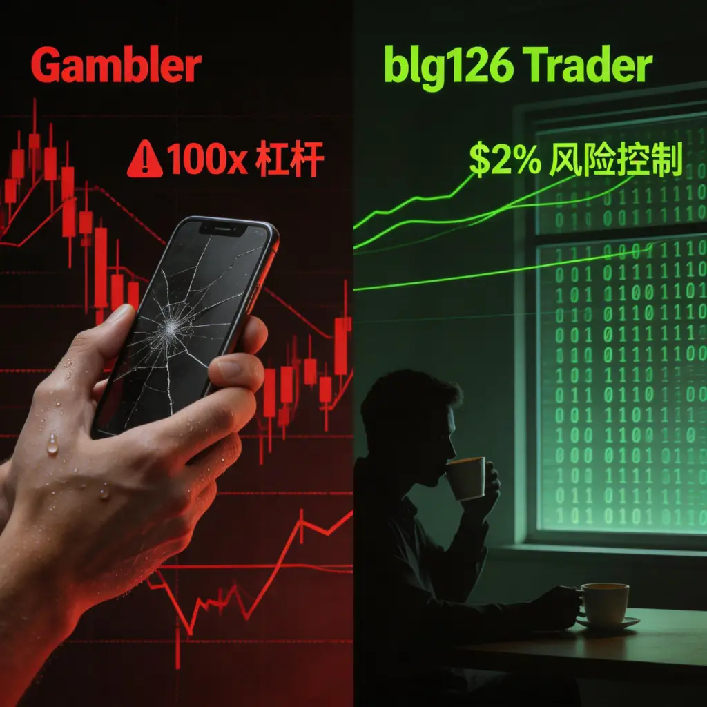 jimeng 2026 03 16 5337 左侧 (gambler)： 充满红色的警告、100x 杠杆的字样、满屏杂乱的线段...