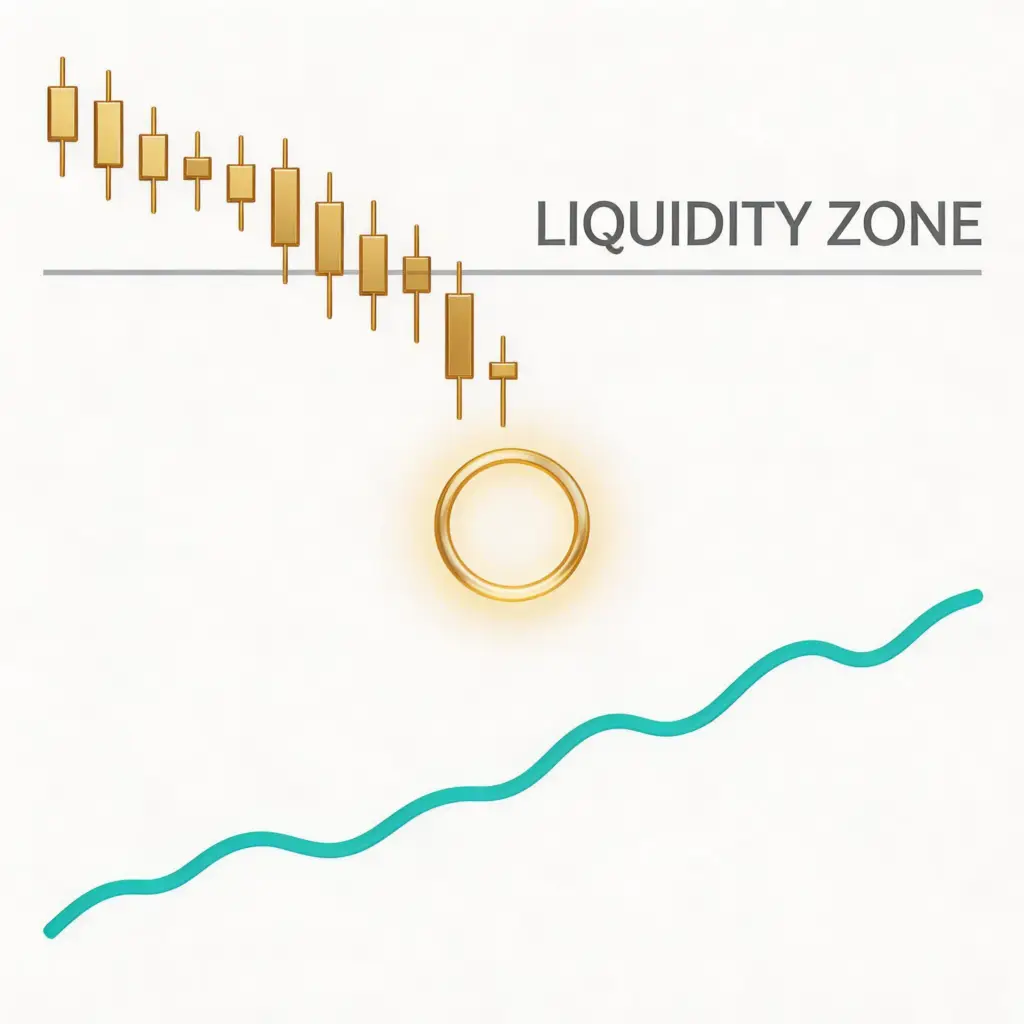 jimeng 2026 03 17 3182 画面描述： 纯白背景。上方是金色的 k 线，显示价格向下倾斜刺破一条浅灰色的支撑...