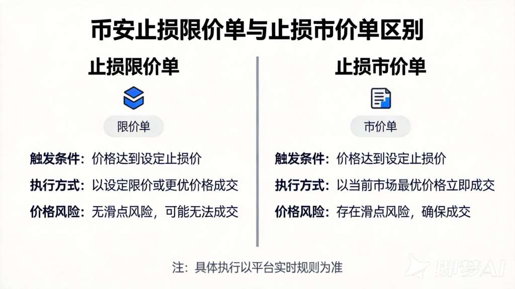 jimeng 2026 04 09 8939 帮我生成币安止损限价单和止损市价单的区别 白色主题图片