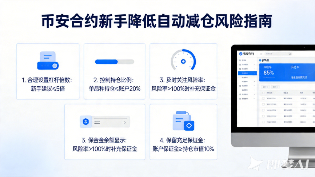 jimeng 2026 04 15 8596 帮我生成币安合约新手怎么尽量降低自动减仓风险白色主题图片