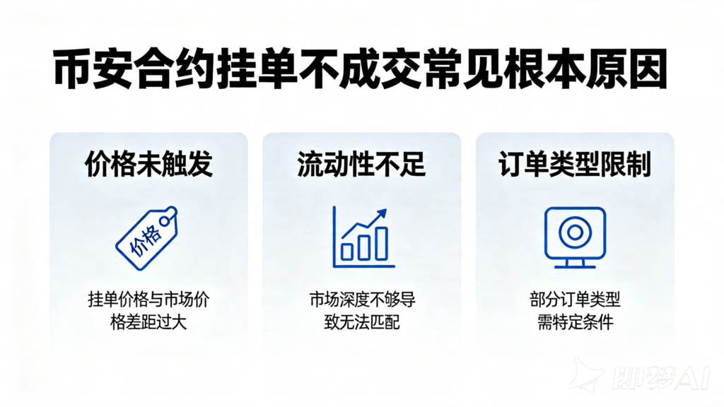 jimeng 2026 04 21 2560 帮我生成币安合约挂单不成交，最常见的根本原因是什么白色主题图片